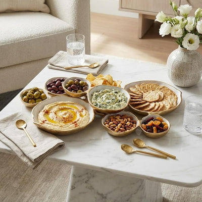 Cluster of 9 Round Serving Bowls Enamel Clusters Decorative Elegant Snack Tray for Olives, Chip & Dip, Nuts, Appetizers & Entertaining Strong Brass & Enamel Home Decor Gifts, Parties & Weddings 22"