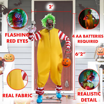 Halloween Haunted Motion-Activated Animated Scary Clown Animatronic Over 6' Tall - Scare Moving Killer Clown Life Size - Sound & Movement Indoor & Outdoor Spooky Creepy Decoration - Battery Operated