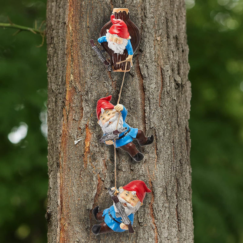 Garden Climbing Tree Gnomes Gun SWAT Climbing Team Figurines, Adorable Gardens Decor, 3 Pack of Durable Colorful Weather Proof Indoor & Outdoor Ornaments, Lawn Trees, Yard, or Patio, 6.5" Sculpture