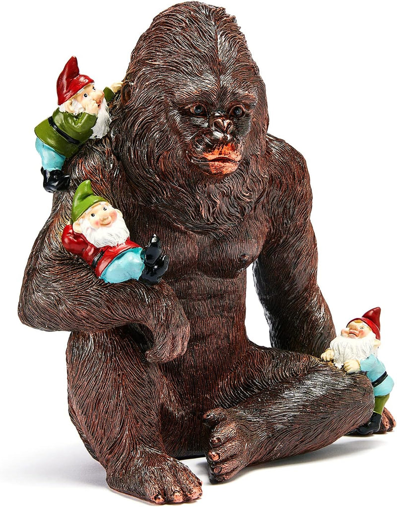 Gorilla Bigfoot with Gnomes Statue, Lawn Sculpture - Chewbacca Garden Decor, Garden Art Décor, Durable Colorful Indoor & Outdoor Animal Ornament - Flowers Lawn, Yard, Patio, 6.3” High x 6.3” W