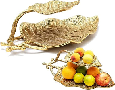 Large Decorative Gold Leaf 2 Tier Serving Centerpiece Tray for Fruits, Appetizers, Meat, Fish, Cakes Hors D'vour, Fruit Catch All Golden Leaves Vine, Stainless Brass, Home Decor 18" Long - Gute