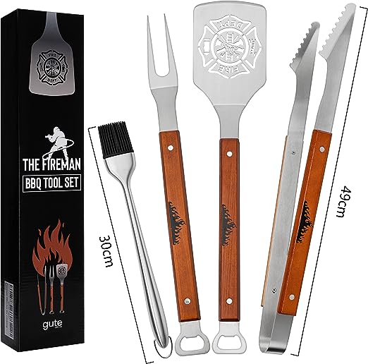 Firefighter Gifts for Men - Large BBQ Grilling Set, 4 Piece Set - Heavy Duty Stainless Steel, Intergraded Bottle Opener, Firefighters, Fire Department First Responder Flag Gift (Fireman)