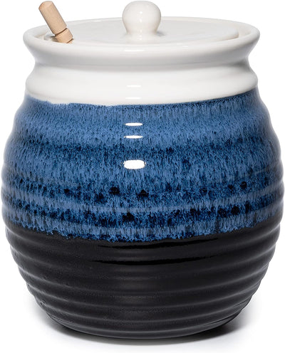 Honey Jar Pot By Gute 6"H - Elegant & Modern Ceramic With Dipper & Lid Rosh Hashanah Gift - Home Kitchen Honey and Syrup, Gorgeous Blue Beehive Honey Jar, Great For Jam, Jelly, 14oz (Ocean Blue)