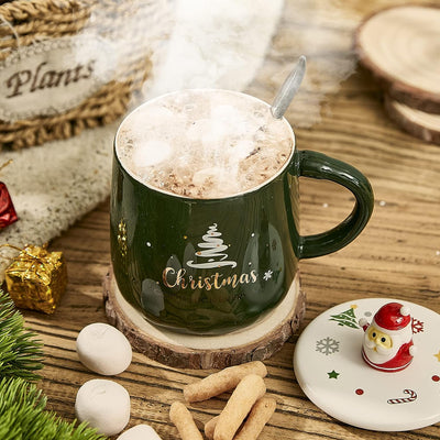 Santa's Christmas Reindeer Mug Festive with Spoon and Santa Hat Lid - Ceramic Microwave & Dishwasher Safe - 14oz Holiday Mugs for Coffee, Hot Chocolate, Eggnog - Merry Christmas - Green Great Gift!