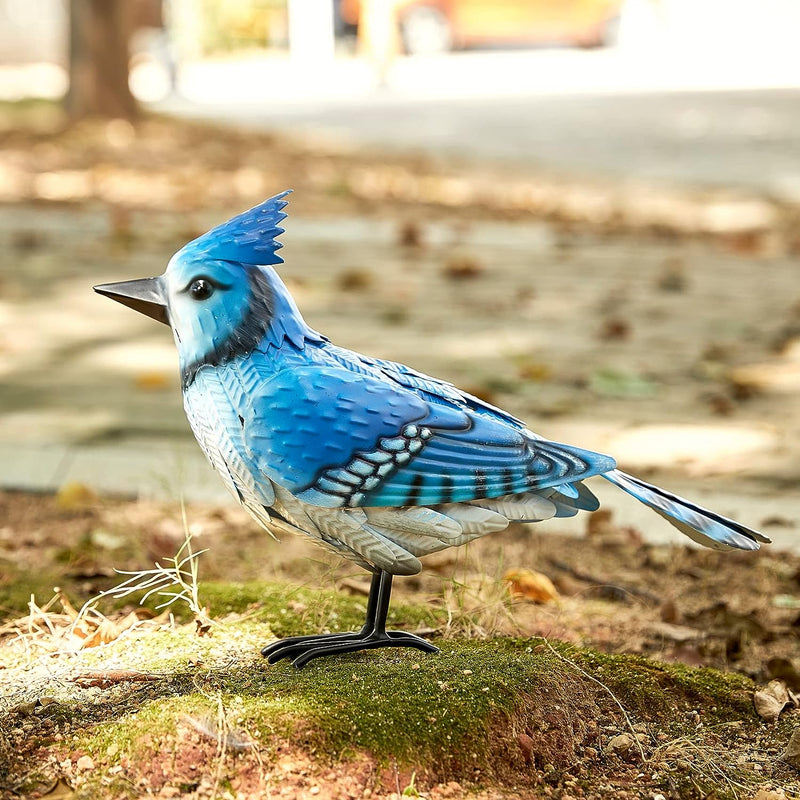 Blue Jay Metal Bird, Garden Yard Sculpture Art- Large Realistic Standing Blue Bird - Outdoor Fall, Winter, Spring, Summer Decoration- Handmade Bluejay Decor - Perfect and Sympathy Gifts