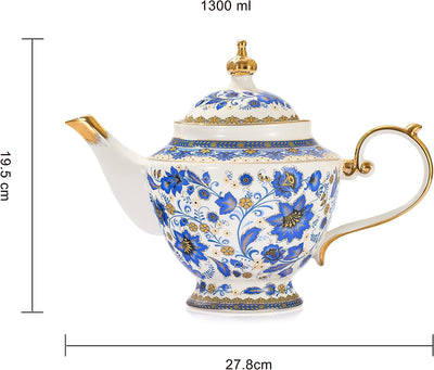 Fine Bone China Tea Set with Teapot, Teacups & Spoons & Saucers 13-Pieces Blue, Porcelain White & Gold Detailed Dream Vintage Floral - Coffee & Teas, Gifts for Mom, Her, Housewarming, Wedding Service