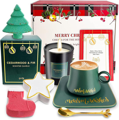Christmas Gift Box - Xmas Relaxing Spa Gift Baskets for Women - Holiday Bath Bombs Coffee Mug, Scented Candle & Personalized Card - Stocking Stuffers, Unique Holidays Gifts, Girlfriend, Wife, Mom