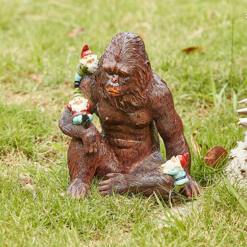 Gorilla Bigfoot with Gnomes Statue, Lawn Sculpture - Chewbacca Garden Decor, Garden Art Décor, Durable Colorful Indoor & Outdoor Animal Ornament - Flowers Lawn, Yard, Patio, 6.3” High x 6.3” W