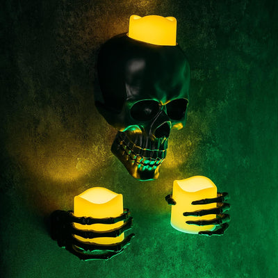 Flickering Wall Candle, Halloween 3 Skeleton Skull and Hand Candles Holder Décor - Flickering LED Candles, Skeleton Hand Decor Set for Decoration, Comes with Screws and Anchors, Scary Goth Décor