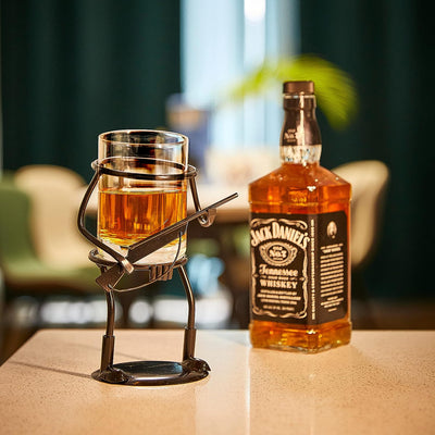 Rifle Hunter Whiskey Glass - Bullet Glass & Metal Cup Holder- Guns Whiskey, Scotch, Liquor Cup Holder, Holds Cup, Great Gift for Gun Enthusiasts, Hunters, Fathers, Sons, Elegant Party Accessory