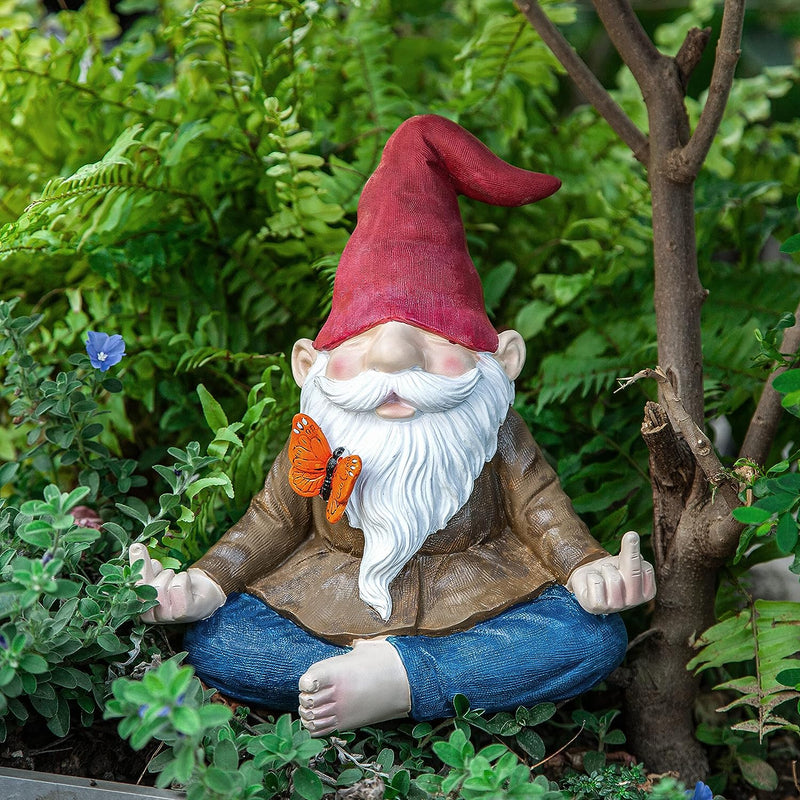 Large Meditating Zen Garden Gnome Statue Figurine - Middle Finger Angry Namaste, Nomb Statue Decor Ornament for Flowers Lawn, Patio & Yard Art, Sculpture 9.5" Tall (Naughty Meditating)