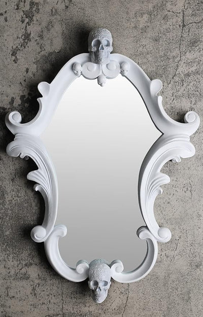 GUTE Small White Skull Mirror 17" H 12" W - Skull Shaped Mirror, Rustic Wall Mirror, Decorative Mirror Wall Decor, Spooky Gothic Mirror, Wall-Mounted Goth Room Decor, Holiday & Christmas Gift Ideas