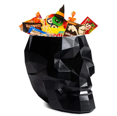 Geometrical Skull Halloween Candy Server Bowl, 6" Spooky Decorations Sugar Snack Tray, Deep Polyresin Skulls, Indoor Plants & Flowers - Serving Tray, Modern Geometric, Skeleton Trick Or Treat (Black)