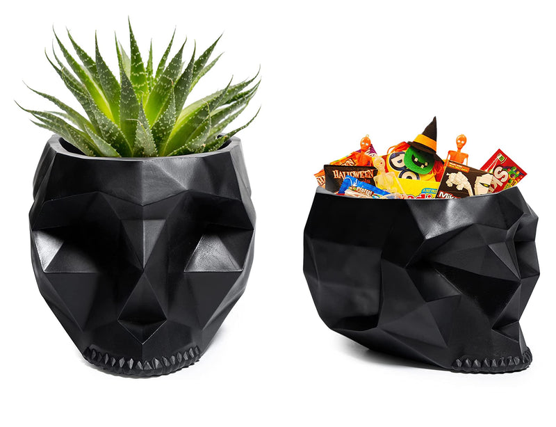 Skeleton Geometrical Skull Halloween Candy Bowl, Plant Planter Pot 6" Deep Polyresin Skulls, Indoor Plants & Flowers - Sweets Sugar Serving Bowl, Goth Spooky Décor Black - Trick Or Treat Unique Gifts