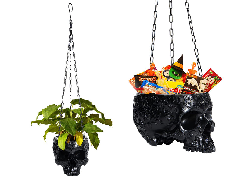 Skeleton Hanging Skull Plant Planter Pot Black - with Metal Chain & Hook - 6" H Skulls Pot Indoor Plants & Flowers - for Succulents, Plants, Flowers, Home Spooky Goth Gothic Decor, Black