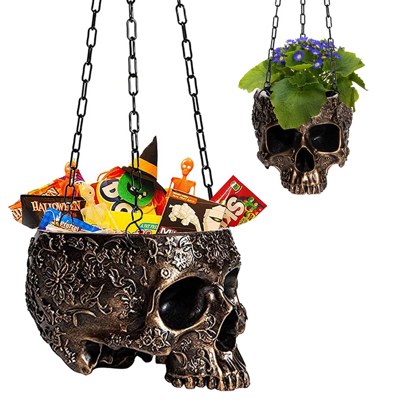 Skeleton Hanging Halloween Candy Bowl, Skull Plant Planter Pot Black - with Metal Chain & Hook - 6" H Spooky Skulls Pot Indoor Plants & Server- for Succulents, Flowers, Trick Or Treat Decor (Copper)