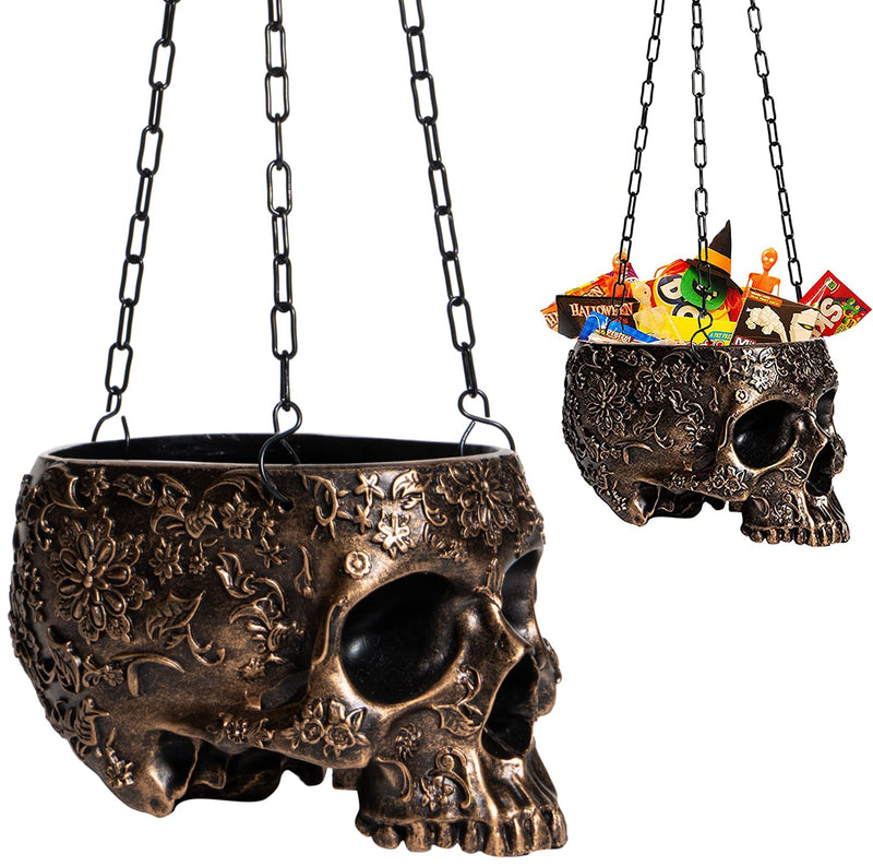 Skeleton Hanging Halloween Candy Bowl, Skull Plant Planter Pot Black - with Metal Chain & Hook - 6" H Spooky Skulls Pot Indoor Plants & Server- for Succulents, Flowers, Trick Or Treat Decor (Copper)