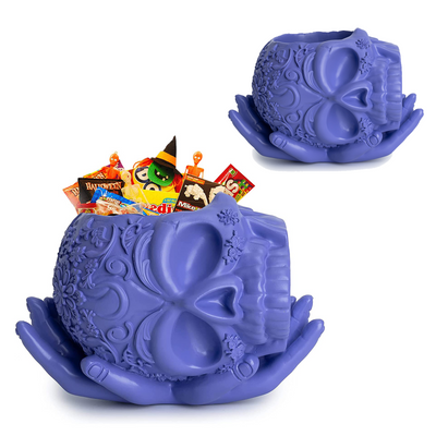 Skull Halloween Candy Bowl, Plant Planter Pot with Hand | Spooky Goth Gothic Home Decoration, Extra Large, Strong Resin, Skeleton Sweet Sugar Serving Tray, Skull and Bones Trick Or Treat Décor(Purple)