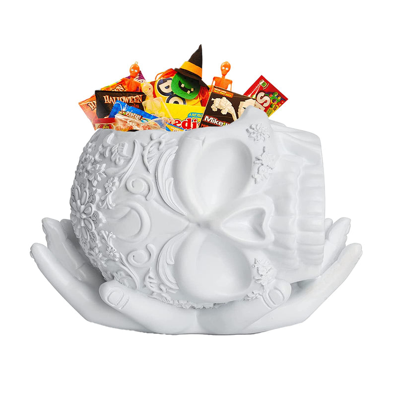 Skull Halloween Candy Bowl, Plant Planter Pot with Hand | Spooky Goth Gothic Home Decoration, Extra Large, Strong Resin, Skeleton Sweet Sugar Serving Tray, Skull and Bones Trick Or Treat Décor (White)