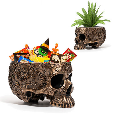 Skull Halloween Candy Server Bowl, 6" Spooky Decorations Sugar Snack Tray, Deep Polyresin Skulls Pot, Indoor Plants & Flowers - Serving Tray, Modern, Skeleton Home Decor, Goth Trick Or Treat (Bronze)
