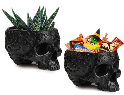 Skull Halloween Candy Server Bowl, 6" Spooky Decorations Sugar Snack Tray, Deep Polyresin Skulls Pot, Indoor Plants & Flowers - Serving Tray, Modern, Skeleton Home Decor, Goth Trick Or Treat (Black)