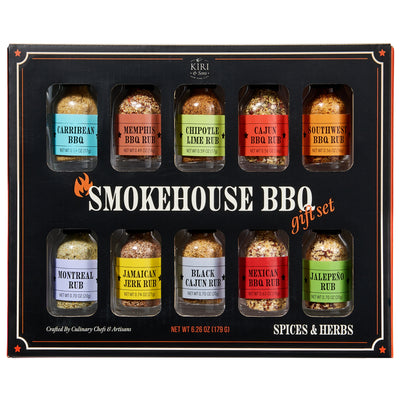 Kiri & Sons Smokehouse BBQ Gourmet Grilling Spice Set | 10-Set | Mini Glass Bottle Samplers, Grill Seasoning Flavors Include Caribbean, Jamaican Jerk, Jalapeno Rub, Montreal, Southwest BBQ & More