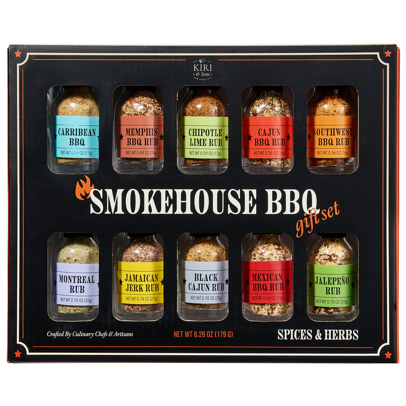 Kiri & Sons Smokehouse BBQ Gourmet Grilling Spice Set | 10-Set | Mini Glass Bottle Samplers, Grill Seasoning Flavors Include Caribbean, Jamaican Jerk, Jalapeno Rub, Montreal, Southwest BBQ & More