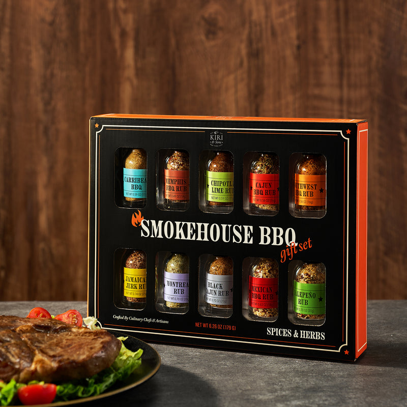 Kiri & Sons Smokehouse BBQ Gourmet Grilling Spice Set | 10-Set | Mini Glass Bottle Samplers, Grill Seasoning Flavors Include Caribbean, Jamaican Jerk, Jalapeno Rub, Montreal, Southwest BBQ & More