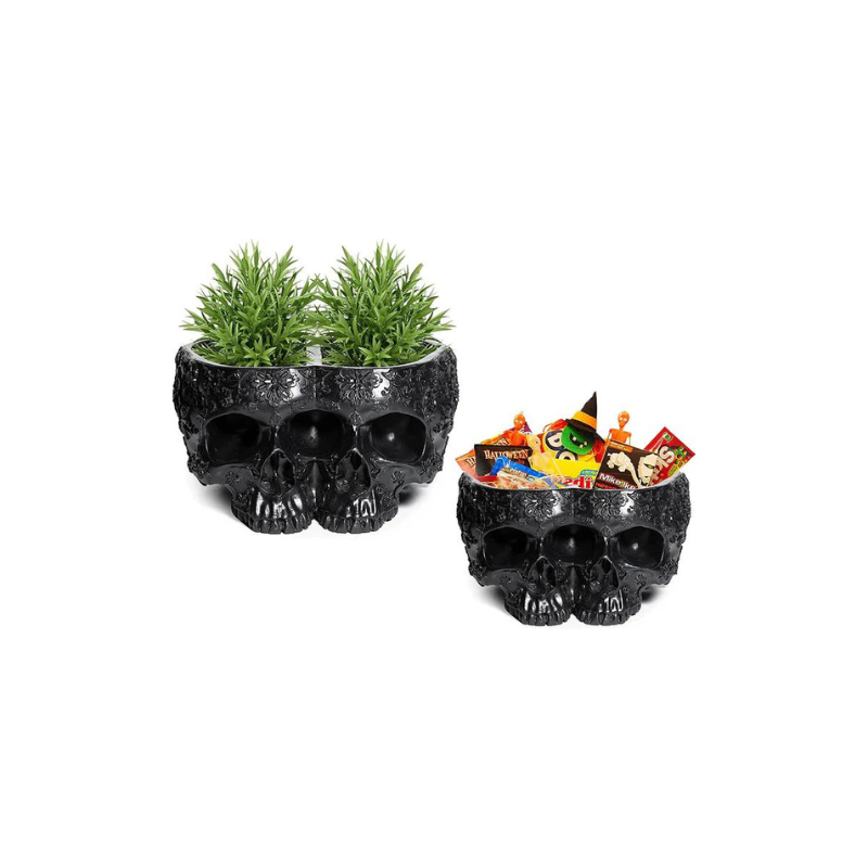 Double Head Skull Halloween Candy Bowl, Planter Pots 4" H Polyresin Spooky Skulls Server Tray, Outdoor & Indoor Plants & Flowers - Serving Decor, Skeleton Home Black Goth Trick Or Treat Bowl