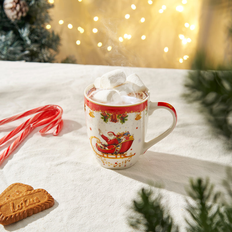 Christmas Santa Sleigh Mug - Ceramic Microwave & Dishwasher Safe - 11.5oz Holiday Mugs for Coffee, Hot Chocolate, Eggnog - Merry Christmas - Elf, Tree, Santa Design - Red & Green Great Gift!