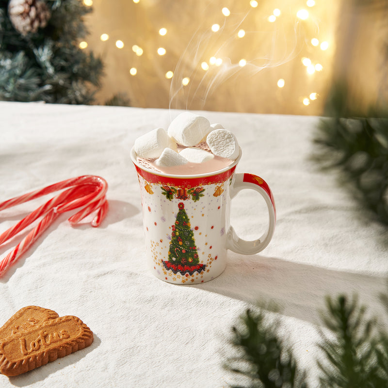 ChriChristmas Santa & Tree Mug - Ceramic Microwave & Dishwasher Safe - 11.5oz Holiday Mugs for Coffee, Hot Chocolate, Eggnog - Merry Christmas - Elf, Tree, Santa Design - Red & Green Great Gift!