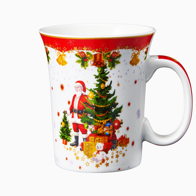 Christmas Tree & Santa Festive Mug - Ceramic Microwave & Dishwasher Safe - 10.5oz Holiday Mugs for Coffee, Hot Chocolate, Eggnog - Merry Christmas - Elf & Santa Design - Red & Green Great Gift!