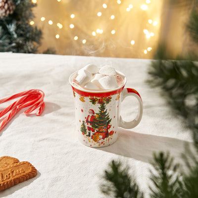 Christmas Tree & Santa Festive Mug - Ceramic Microwave & Dishwasher Safe - 10.5oz Holiday Mugs for Coffee, Hot Chocolate, Eggnog - Merry Christmas - Elf & Santa Design - Red & Green Great Gift!