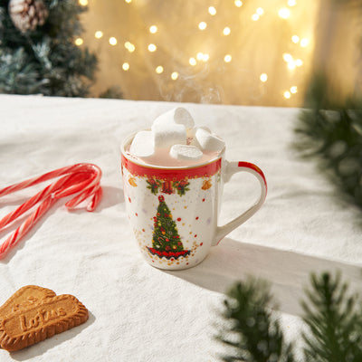 Christmas Tree Mug - Ceramic Microwave & Dishwasher Safe - 11.5oz Holiday Mugs for Coffee, Hot Chocolate, Eggnog - Merry Christmas - Elf, Tree, Santa Design - Red & Green Great Gift!