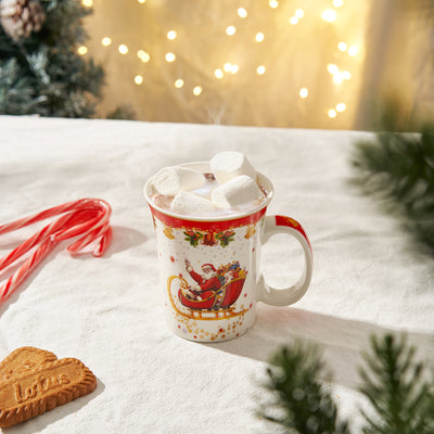 Christmas Santa  Mug - Ceramic Microwave & Dishwasher Safe - 11.5oz Holiday Mugs for Coffee, Hot Chocolate, Eggnog - Merry Christmas - Elf, Tree, Santa Design - Red & Green Great Gift!