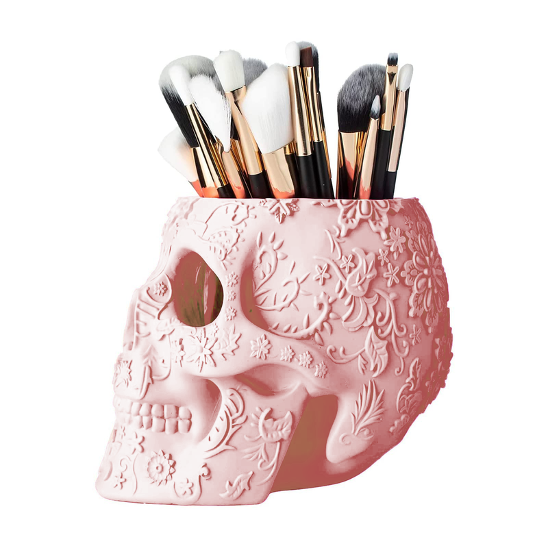 The Wine Savant Skull Makeup Brush and Pen Holder Extra Large, Strong Resin Extra Large Halloween (Pink)