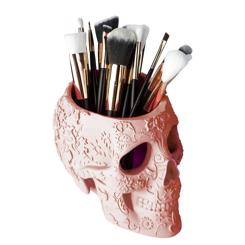 The Wine Savant Skull Makeup Brush and Pen Holder Extra Large, Strong Resin Extra Large Halloween (Pink)