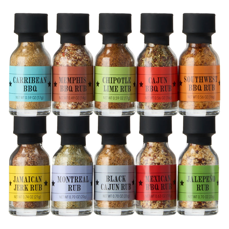 Kiri & Sons Smokehouse BBQ Gourmet Grilling Spice Set | 10-Set | Mini Glass Bottle Samplers, Grill Seasoning Flavors Include Caribbean, Jamaican Jerk, Jalapeno Rub, Montreal, Southwest BBQ & More