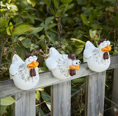 Chicken Sitting on Fence Funny Decor Garden Statues (Set of 3) for Fences or Any Flat Surface, Rooster Statues Wall Art Yard Art Sculptures for Backyard Farm Patio Lawn Decorations
