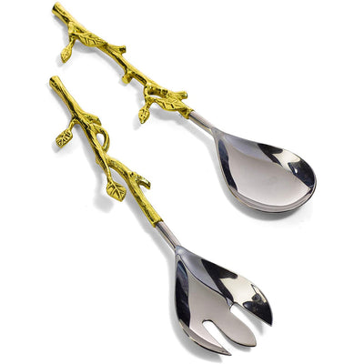 Twig Salad Servers Brass & Stainless Steel, Fork & Spoon Set Leaf Design, Two Tone Ideal for Weddings, Dinner Parties, Elegant Flatware, Housewarming Gifts, Stainless Steel Mirror Polished (Gold Leaf)
