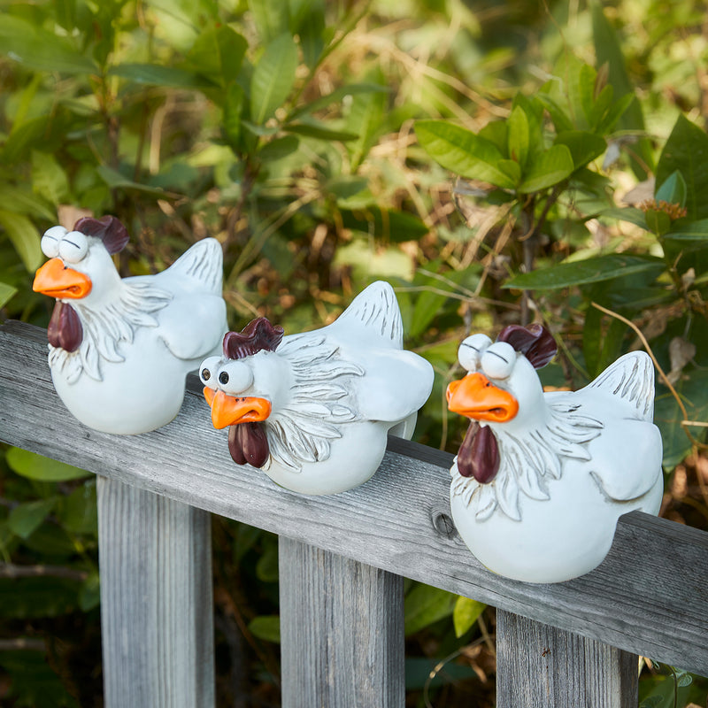 Chicken Sitting on Fence Funny Decor Garden Statues (Set of 3) for Fences or Any Flat Surface, Rooster Statues Wall Art Yard Art Sculptures for Backyard Farm Patio Lawn Decorations