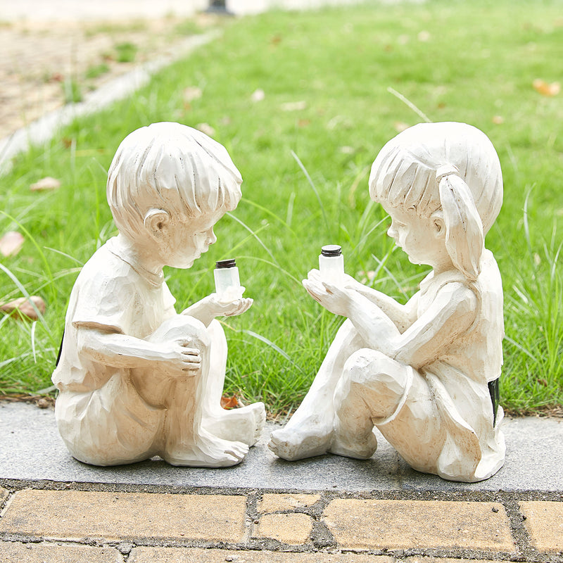 Garden Children Statues Light Up Firefly Jar Solar Powered | Set of 2 | Boy and Girl Couple Sitting, Glimpse of God, Yard Art Décor, Indoor & Outdoor Ornament Gifts for Lawn, Patio, 7.5" W x11.8”H