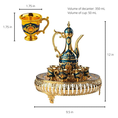 Vintage Turkish Coffee & Tea Pot Set for 6 including Tray & Teapot Silver Inserted with Swarovski Style Crystals and Crystal Tray - Turkish, Greek, Arabic, Set