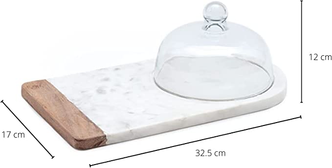 White Marble Glass Domed Cheese Board, & Cake Stand with Lid Glass Cloche Cover Gute, Handcrafted Acacia Wood Decorative, Centerpiece Platter, Kitchen Server Slab Tray Display Pastries, Pies 13x7