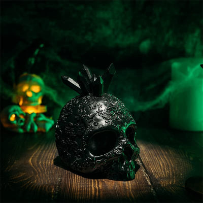 Skull﻿ Crystals Ring Holder, 3.75" H For Halloween & Year Round - Skull Decor, Goth Ring Organizer, ﻿Storage Display, Skeleton Jewelry Holder Trinket Rings Tray - Gothic & Emo Decor - Spooky Oddity