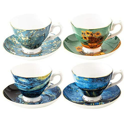 Van Gogh Tea Set, Set of 4 Glasses with Beautifully Painted Van Gogh Art, Fine Bone China Van Gogh Mugs - Set of 4-8oz. by Gute Kitchen