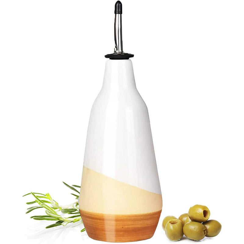 GUTE Cruet Ceramic Olive Oil Dispenser Bottle - Perfect Home Decor Gift - 400ml Vinegar Cruet Bottle with Pourers - Beige Olive Oil Carafe for Kitchen - Cruet for Vinegar and Oil 9" H 3" W