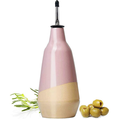 GUTE Cruet Ceramic Olive Oil Dispenser Bottle - Perfect Home Decor Gift - 400ml Vinegar Cruet Bottle with Pourers - Pink Olive Oil Carafe for Kitchen - Cruet for Vinegar and Oil 9" H 3" W