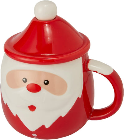 Santa Claus Christmas Festive Happy Face Mug with Spoon & Santa Hat Lid - Ceramic Microwave & Dishwasher Safe - 14oz Holiday Mugs for Coffee, Hot Chocolate, Eggnog - Merry Christmas, Thanksgiving
