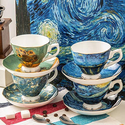Van Gogh Tea Set, Set of 4 Glasses with Beautifully Painted Van Gogh Art, Fine Bone China Van Gogh Mugs - Set of 4-8oz. by Gute Kitchen